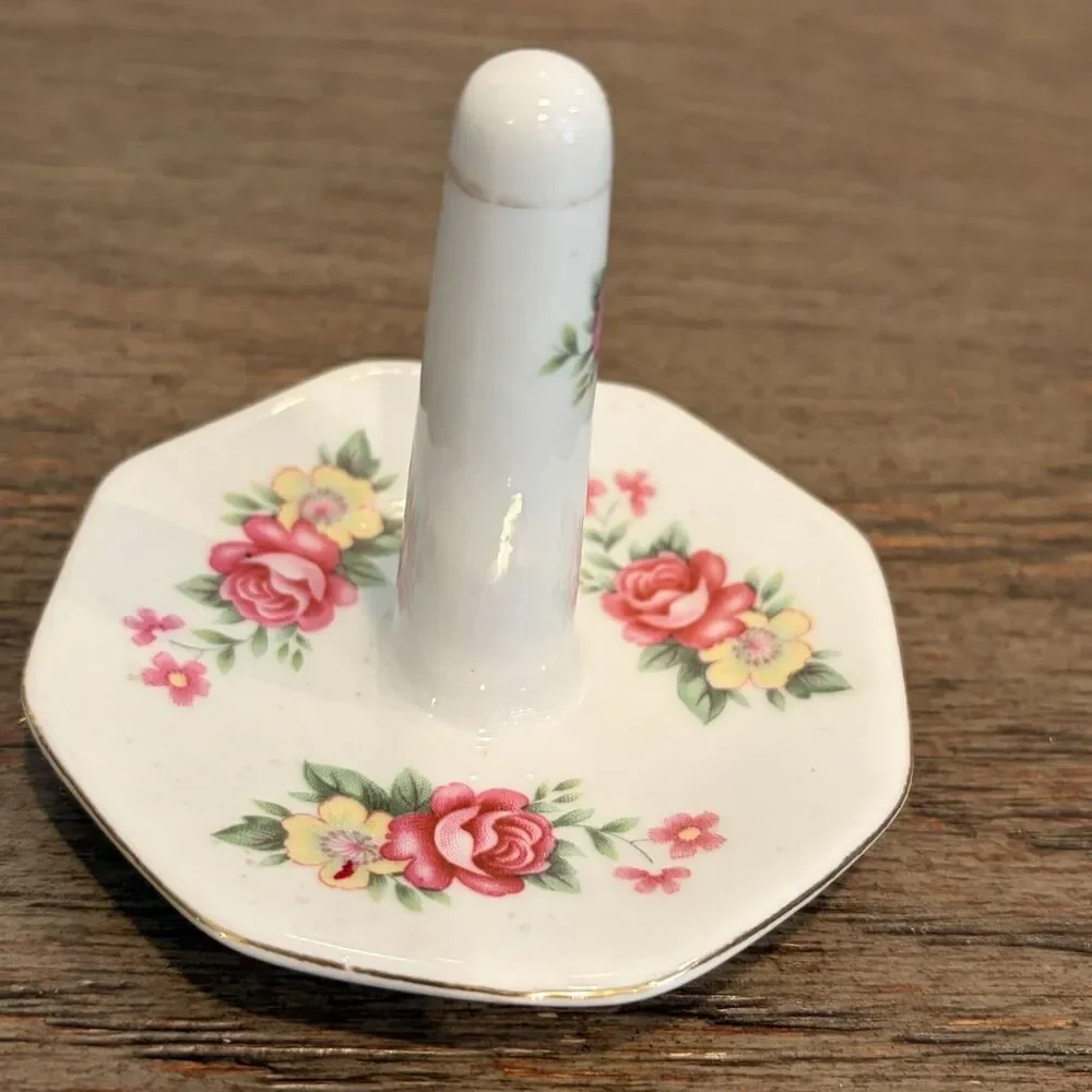 Vintage Porcelain Pink & Yellow Floral Ring Jewelry Holder Gold Trim 3” Tall